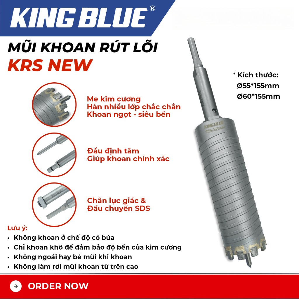 Mũi khoan rút lõi khô KRS NEW KingBlue me kim cương khoan ngọt siêu bền phi 55, 60, 63