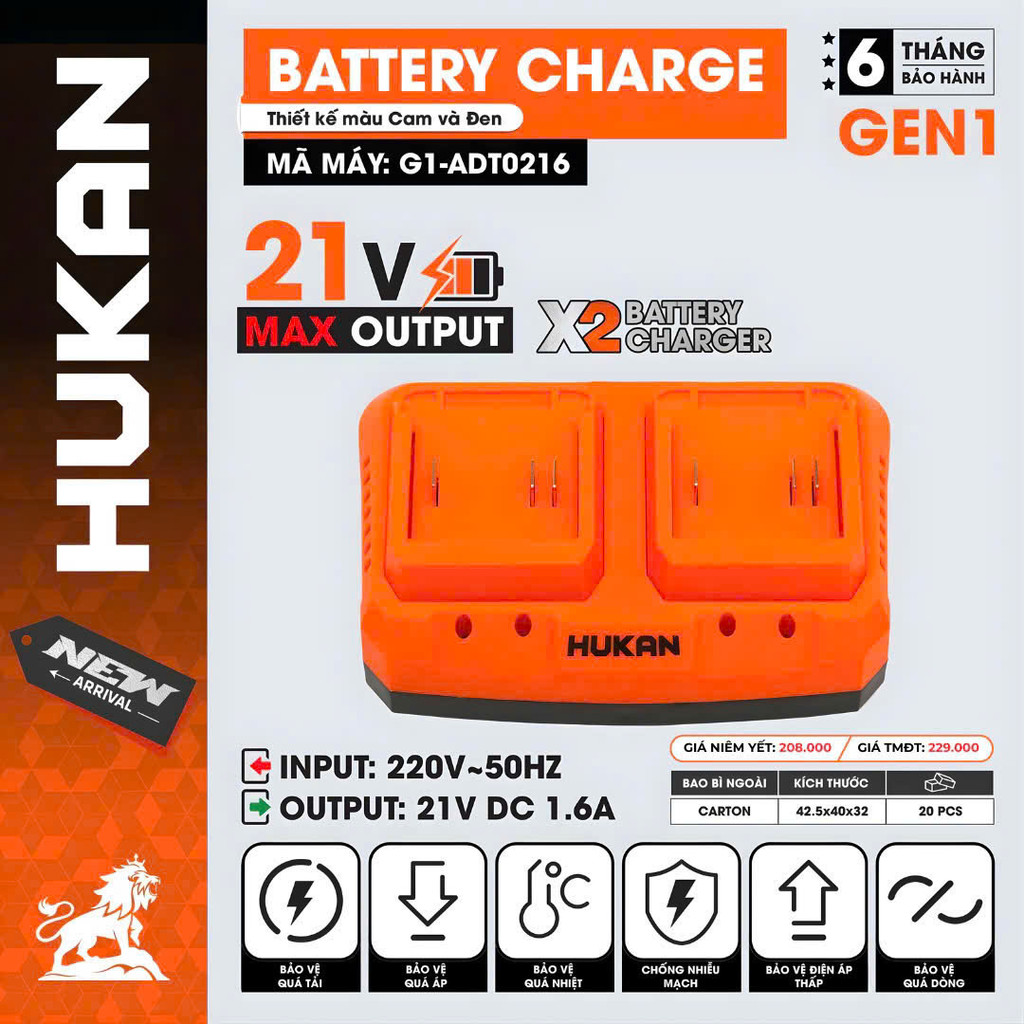 Sạc Đôi HUKAN G1-ADT0216, Công Suất 1.6A, Chân Phổ Thông, Bảo Vệ Quá Dòng, Quá Nhiệt, Đế Sạc Bàn Đôi