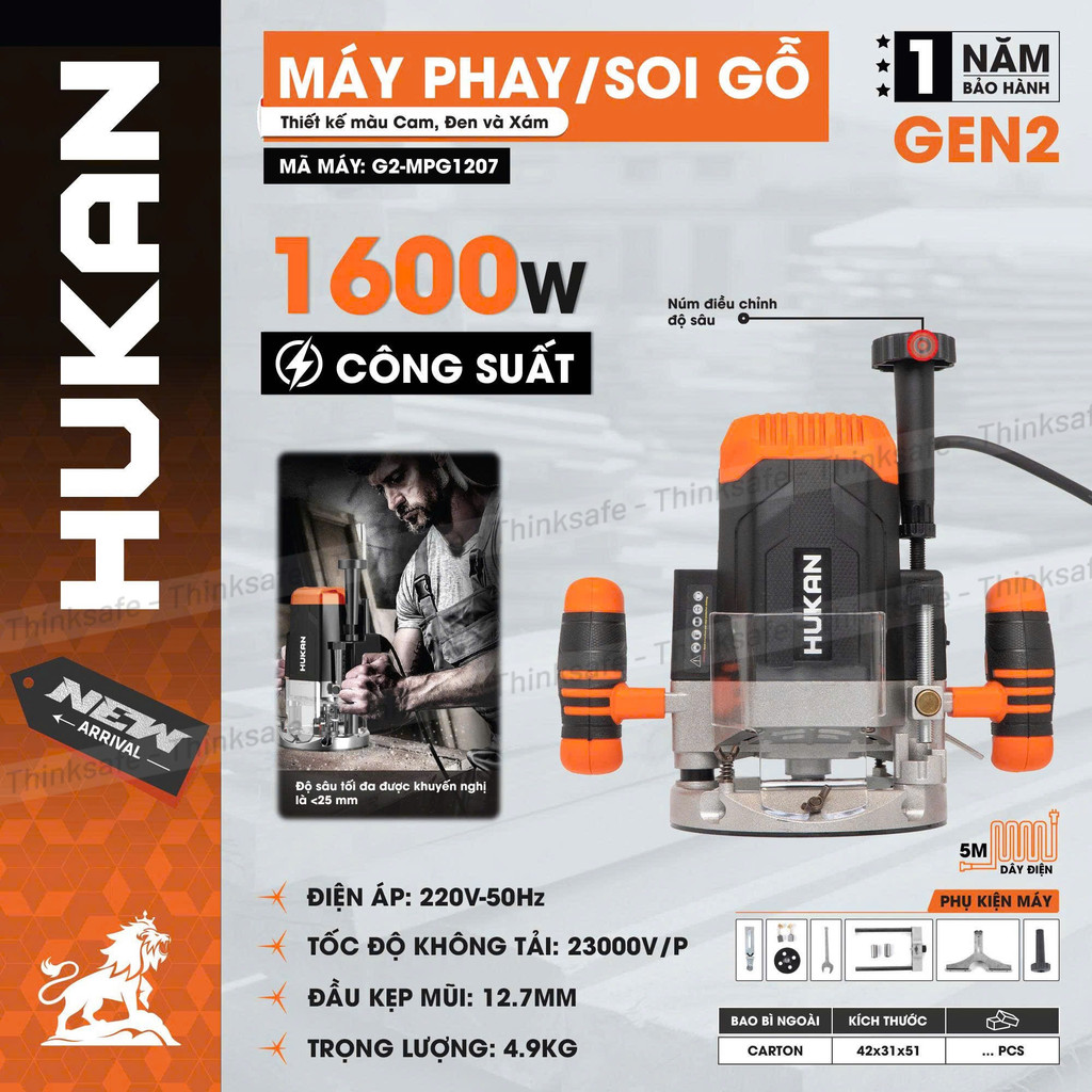 Máy Phay Gỗ HUKAN G2-MPG1207 (Gen 2), Công suất 1600W 6 Cấp chỉnh tốc, Tốc độ 32.000 V/p