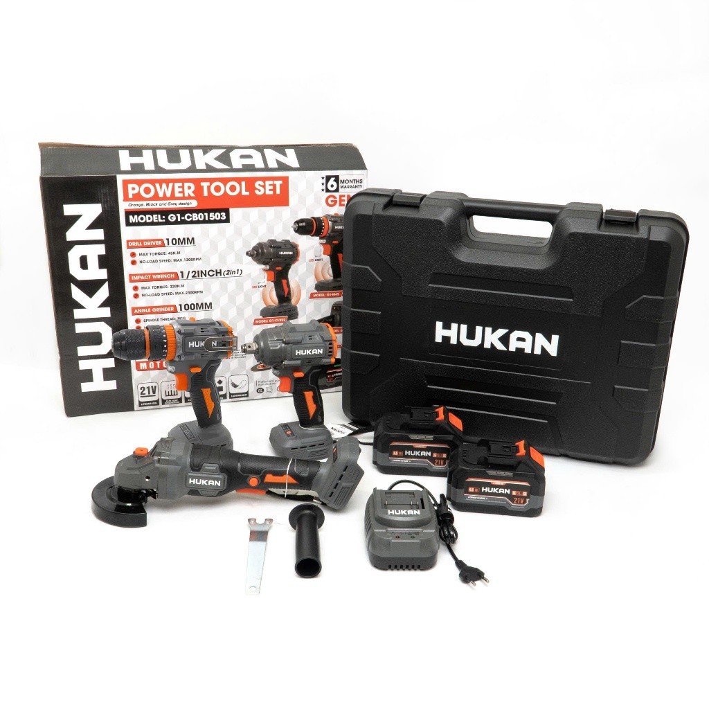 Combo máy HUKAN G1-CB01503, Bộ gồm Thân máy khoan pin + Thân máy siết bulong pin + Thân máy mài pin