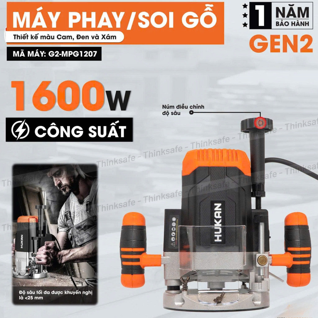 Máy Phay Gỗ HUKAN G2-MPG1207 (Gen 2), Công suất 1600W 6 Cấp chỉnh tốc, Tốc độ 32.000 V/p