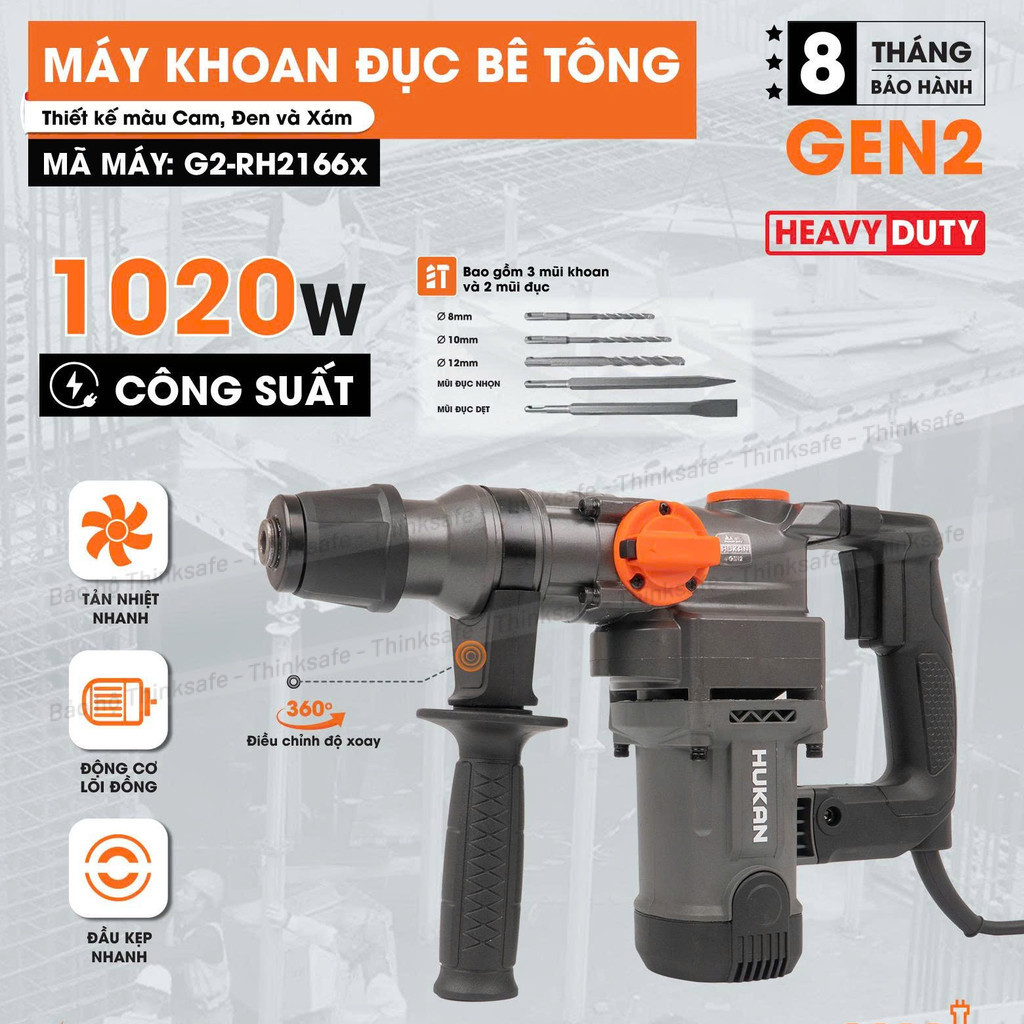 Máy khoan đục bê tông 1020W Hukan G2-RH2166X Lực đập 3.5J Khoan điện 2 chức năng Tặng kèm 2 mũi đục 3 mũi khoan