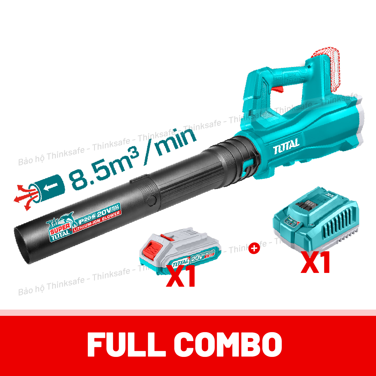 Máy thổi dùng pin 20V 2,7m3/p - 8.5m3/p Total, Tốc độ không tải 18000 vòng/phút, phân phối chính hãng Thinksafe