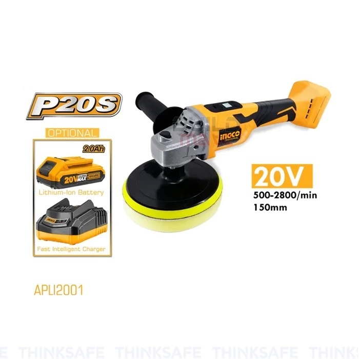 Máy đánh bóng pin 20V INGCO APLI2001, Tốc độ 500-2800 vòng/phút, Đế dưới 150mm, Màn hình LCD hiển thị tốc độ - Thinksafe