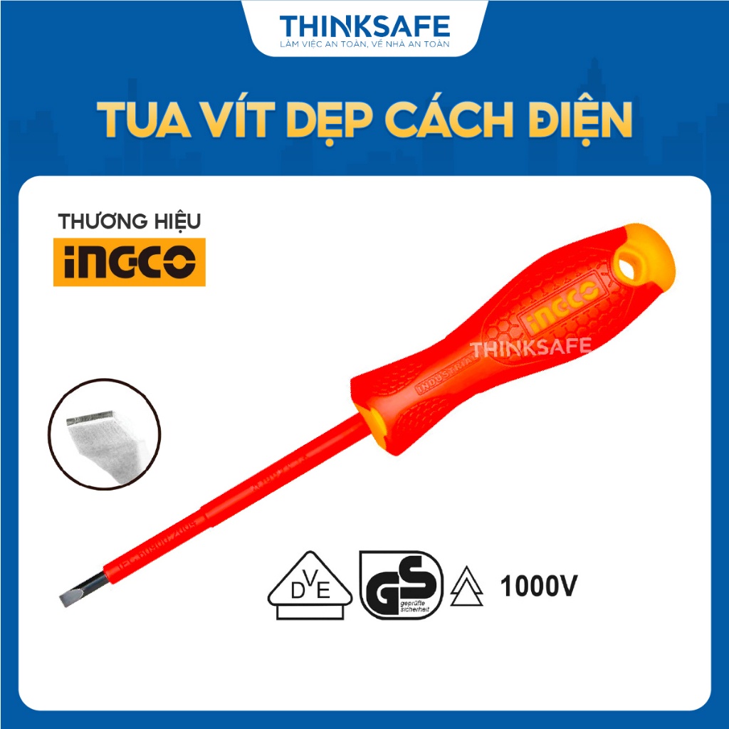 Tua vít dẹp cách điện INGCO chất liệu thép crv kích thước 4 - 6.5mm, Tay cầm chui tròn, chứng nhận VDE 1000V - Thinksafe