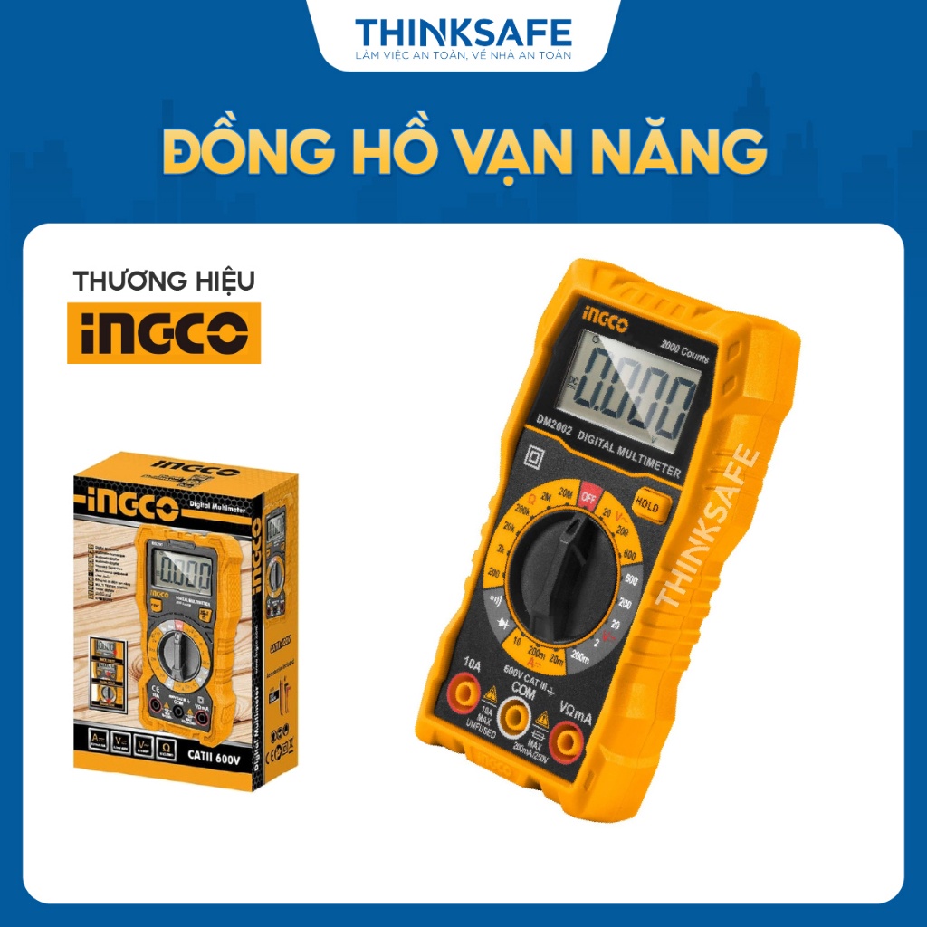 Đồng hồ đo điện vạn năng INGCO DM2002 LCD 2000 số đếm, DCV/ACV/DCA/Ω - Thinksafe