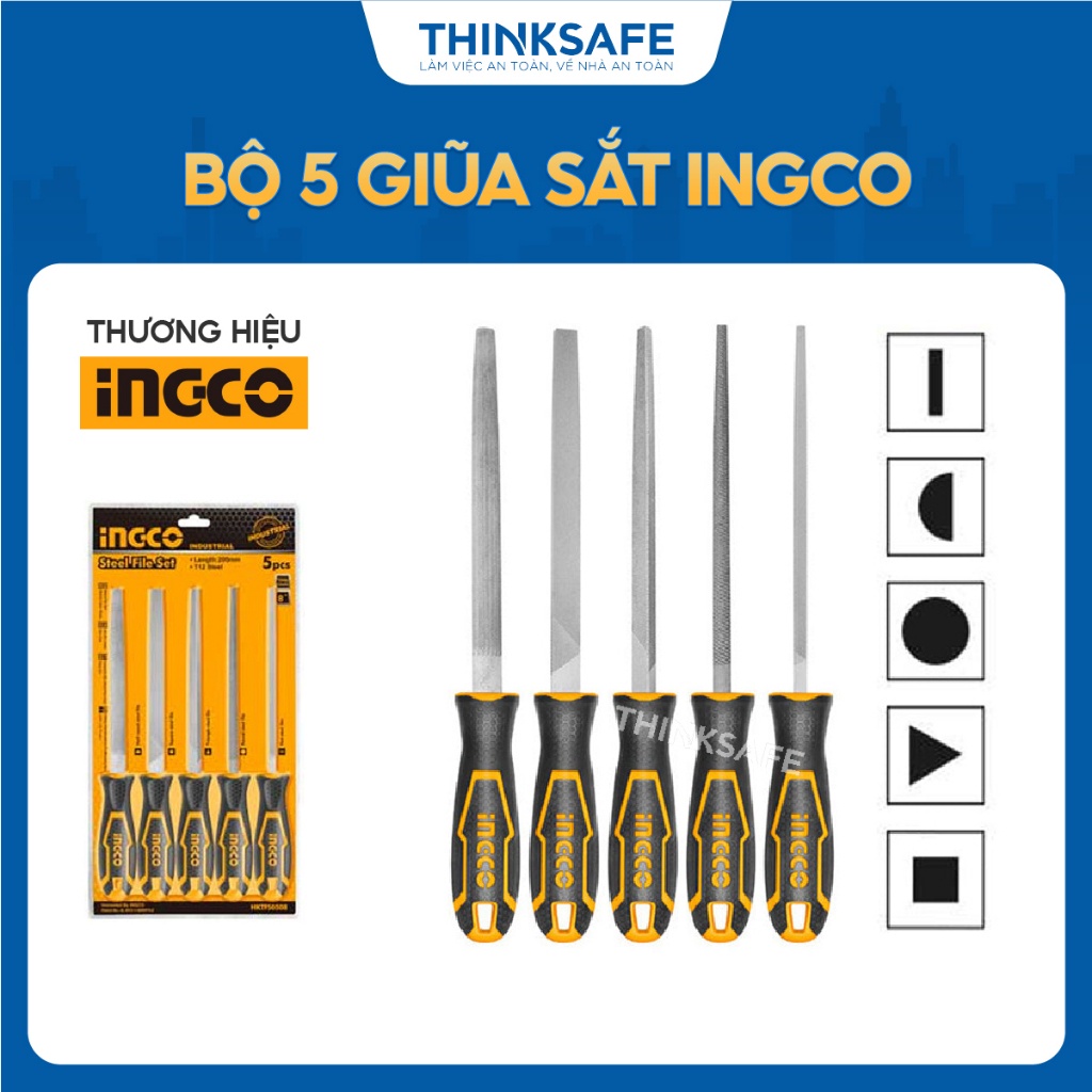 Bộ 5 giũa sắt INGCO HKTFS0508 Chiều dài 8“, Thép T12, giũa dẹp, tròn, bán nguyệt, tam giác và giũa vuông - Thinksafe