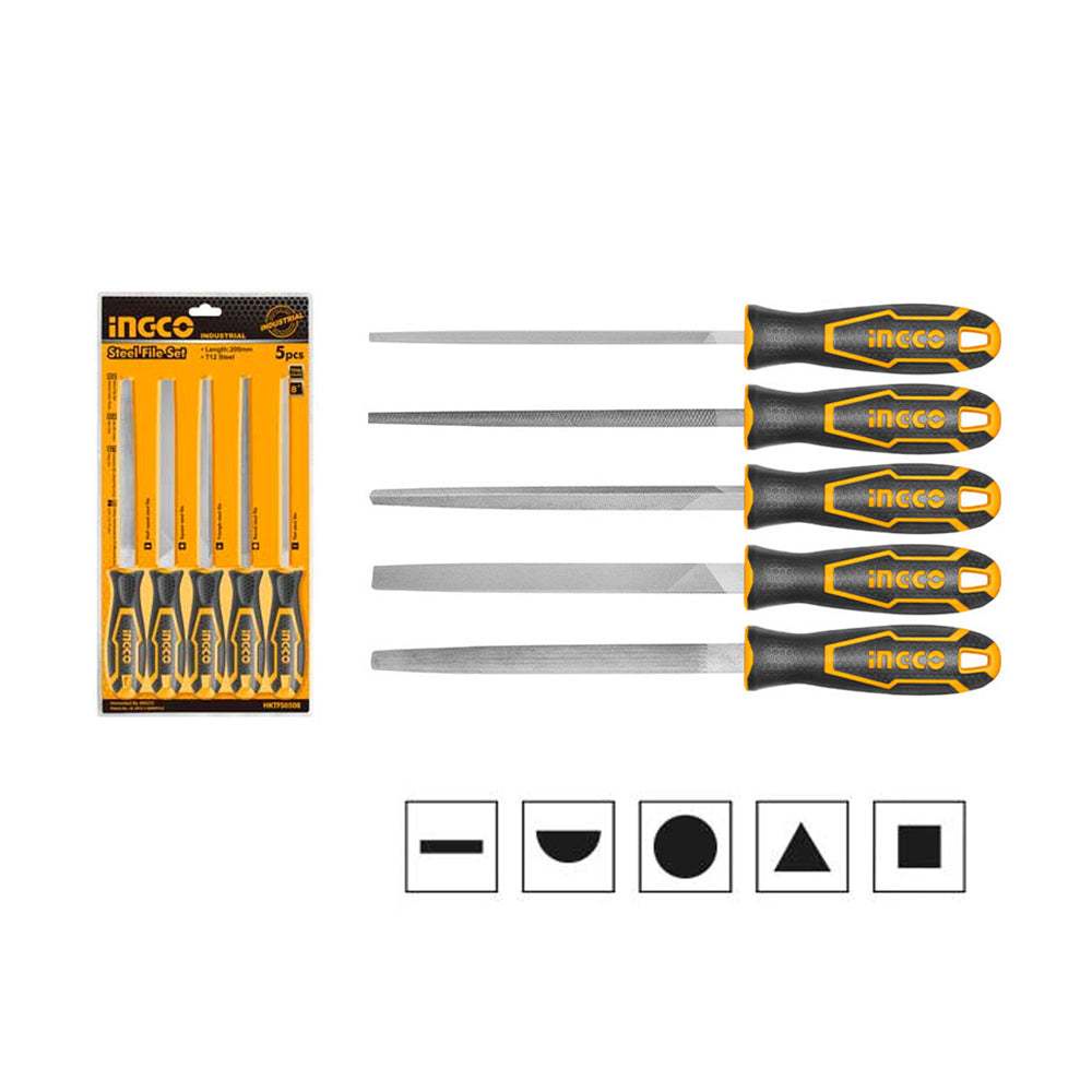 Bộ 5 giũa sắt INGCO HKTFS0508 Chiều dài 8“, Thép T12, giũa dẹp, tròn, bán nguyệt, tam giác và giũa vuông - Thinksafe
