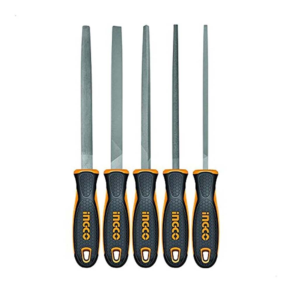 Bộ 5 giũa sắt INGCO HKTFS0508 Chiều dài 8“, Thép T12, giũa dẹp, tròn, bán nguyệt, tam giác và giũa vuông - Thinksafe