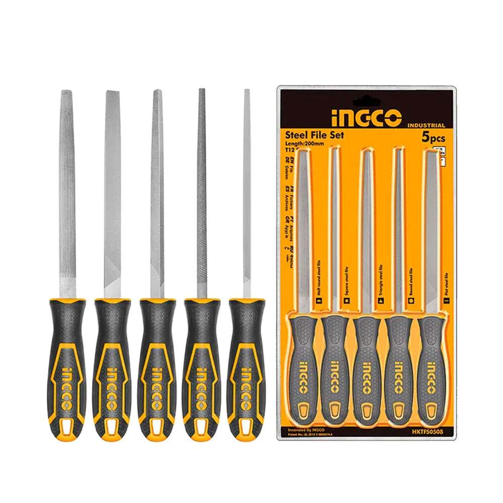 Bộ 5 giũa sắt INGCO HKTFS0508 Chiều dài 8“, Thép T12, giũa dẹp, tròn, bán nguyệt, tam giác và giũa vuông - Thinksafe