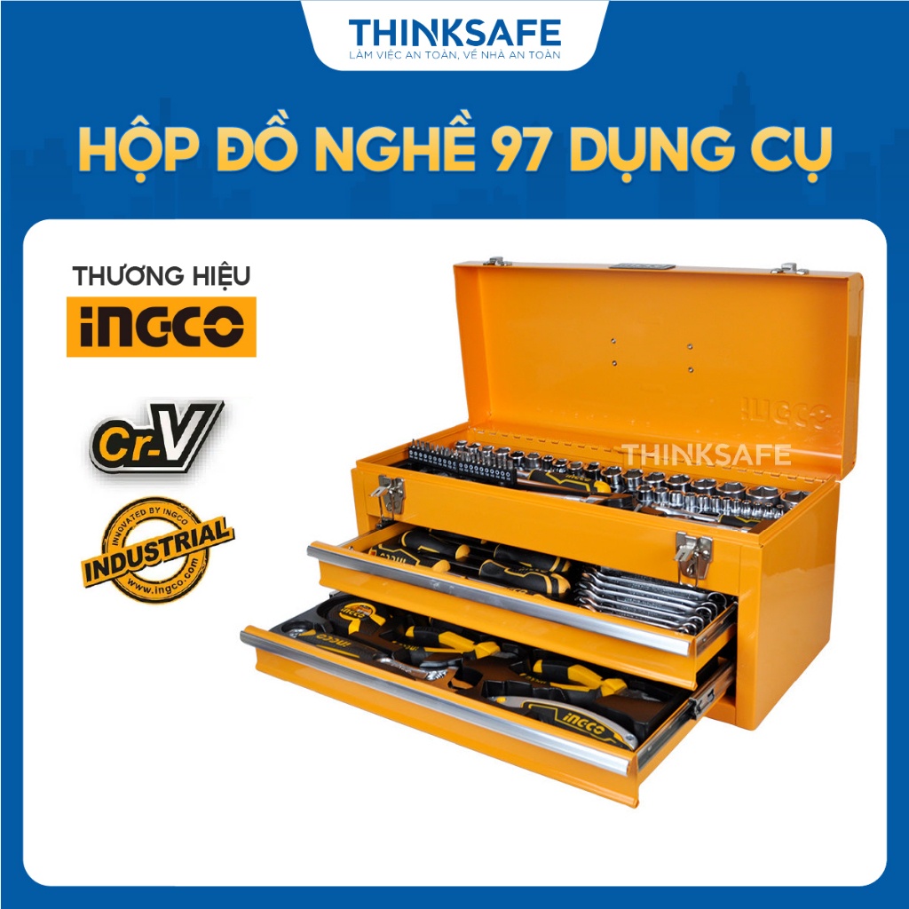 Bộ đồ nghề đa năng INGCO HTCS220971 gồm 97 món, thùng đồ nghề 3 ngăn kích thước 520x218x243mm - Thinksafe