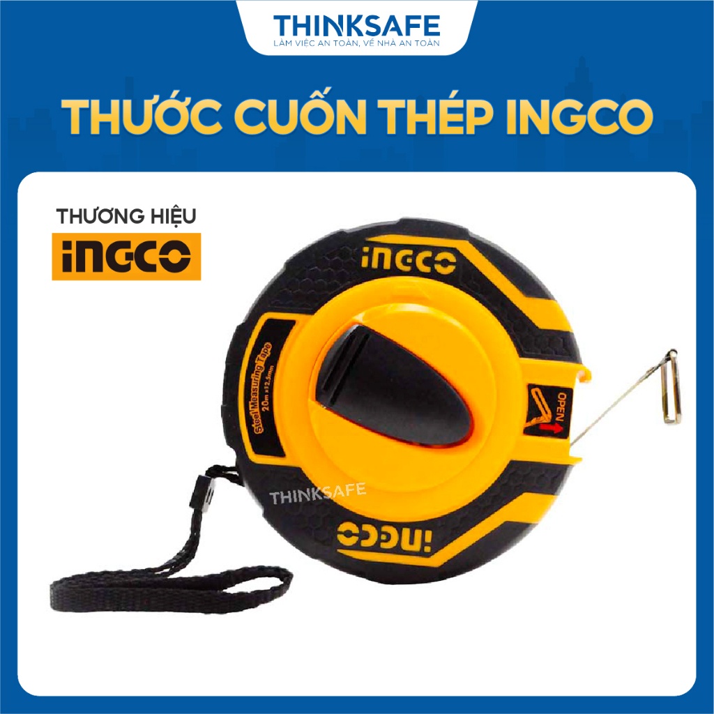 Thước cuốn thép 20m 30m 50m INGCO HSMT8420 Hiệu quả 3:1, rộng 12.5mm - Đo mét và inch - Vỏ cao su Thinksafe