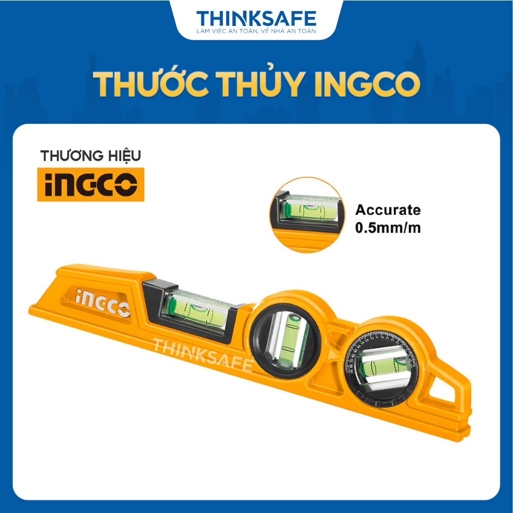 Thước thủy 24.5cm INGCO HBSL08030 - Trọng lượng 315g, Độ chính xác 0,5mm/m - Thân thước nhôm đúc nặng - Thinksafe.