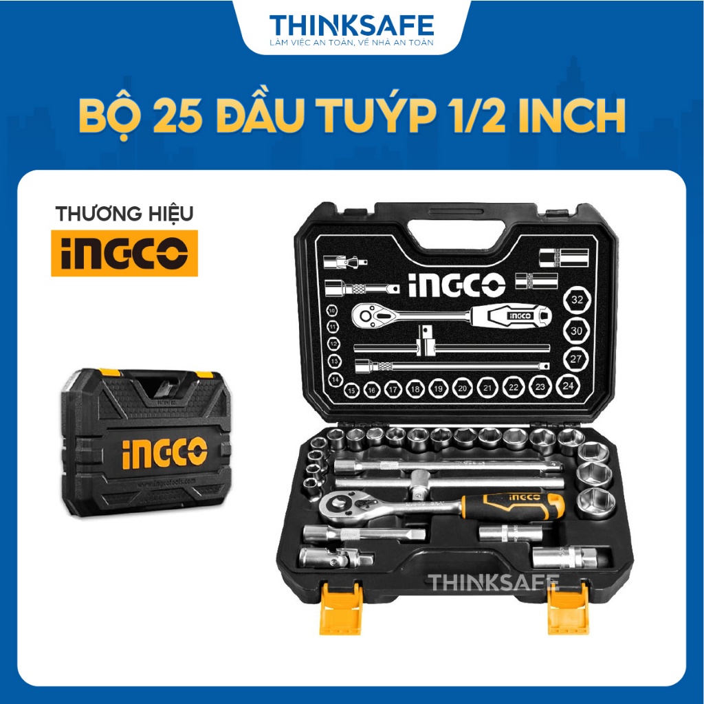 Bộ 25 đầu tuýp 1/2 inch INGCO HKTS12251, thanh trượt hình T, chất liệu crv chịu nhiệt - Thinksafe