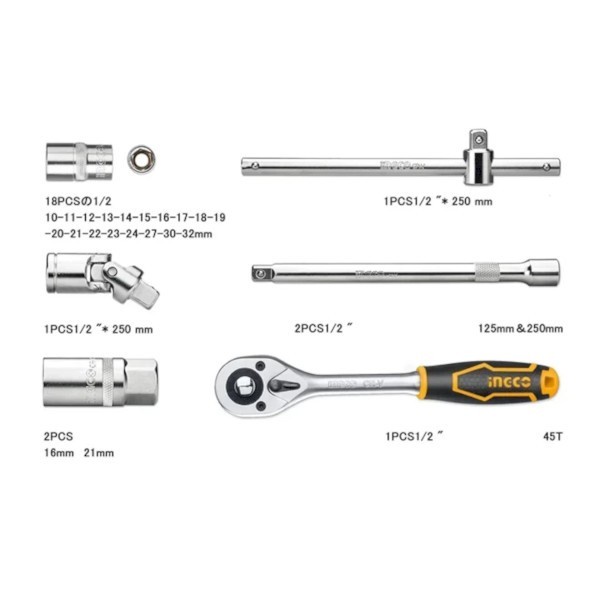 Bộ 25 đầu tuýp 1/2 inch INGCO HKTS12251, thanh trượt hình T, chất liệu crv chịu nhiệt - Thinksafe