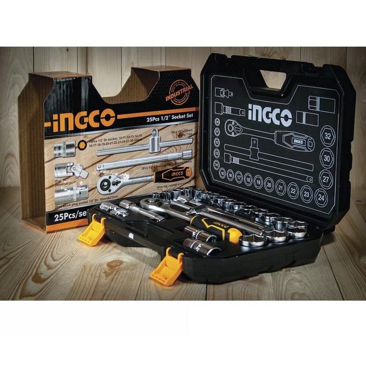 Bộ 25 đầu tuýp 1/2 inch INGCO HKTS12251, thanh trượt hình T, chất liệu crv chịu nhiệt - Thinksafe