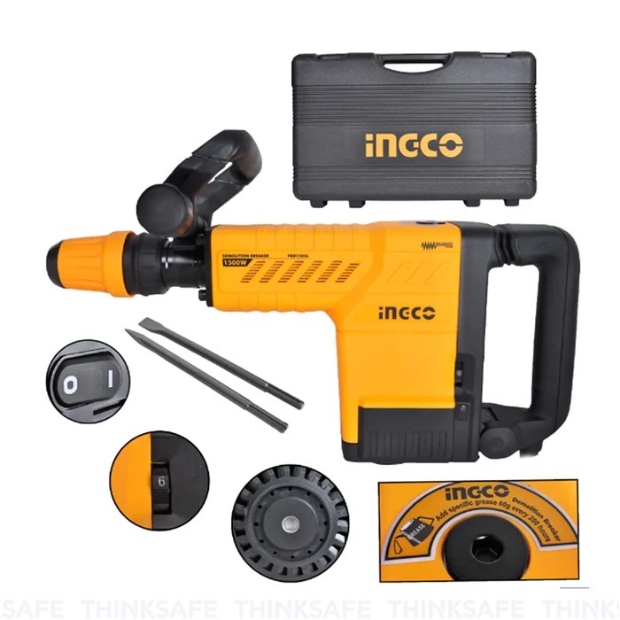 Máy đục bê tông INGCO PDB15006 công suất 1500W tốc độ 1000-1900bmp lực đập 6-25J chống rung Máy khoan đục - Thinksafe