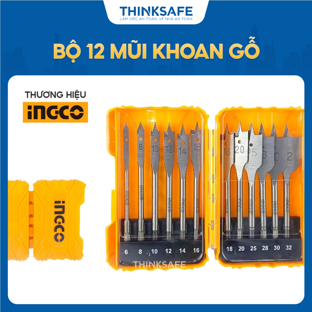 Bộ 12 mũi khoan gỗ đầu dẹp INGCO AKDL1201 - Kích thước 6-32mm, đầu lục giác 1/4