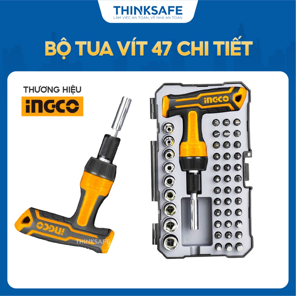 Bộ tua vít 47 chi tiết INGCO HKSDB0478 gồm 1 tay cầm chữ T, 1 đầu chuyển, 36 đầu vít và 9 đầu tuýp tiện lợi - Thinksafe