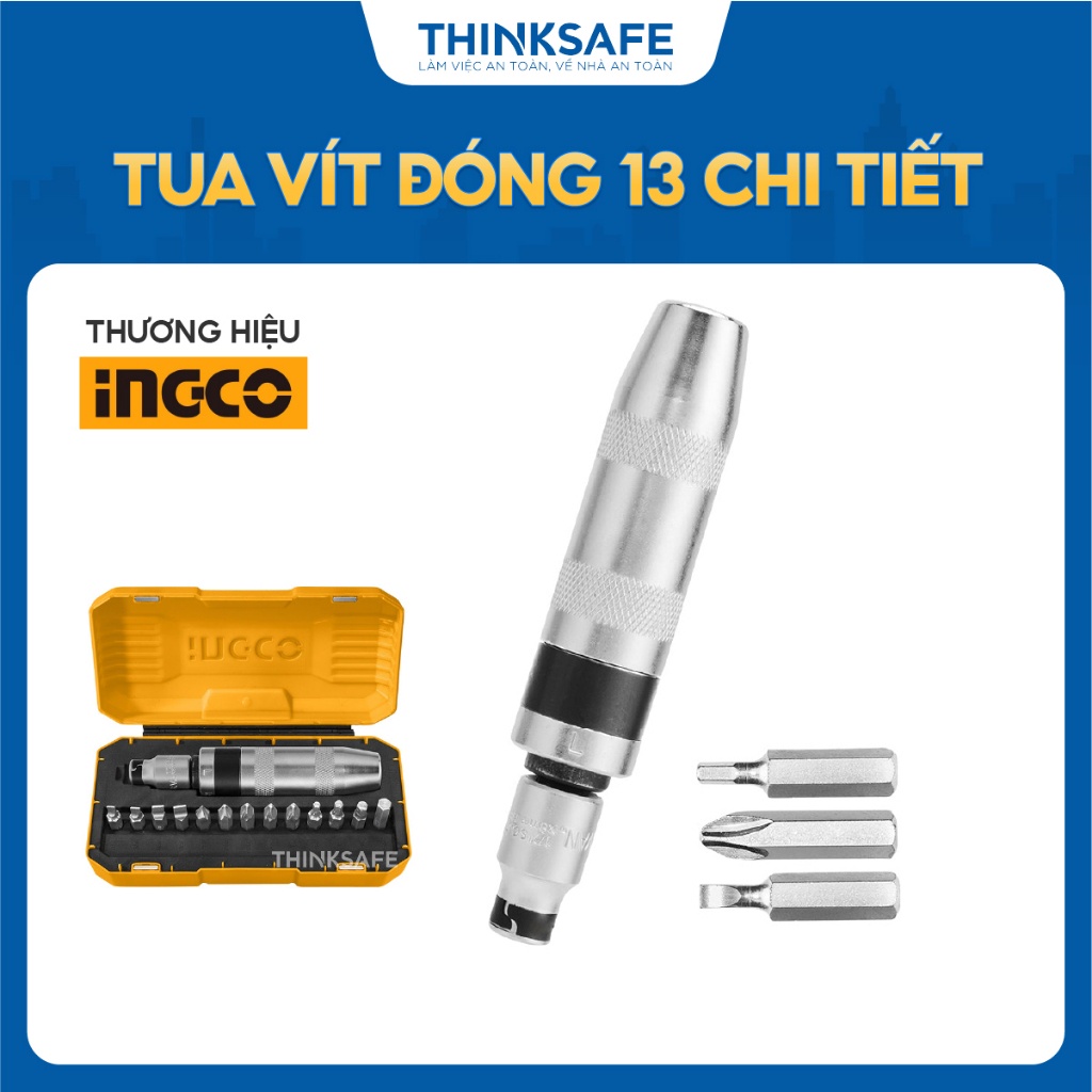 Bộ tua vít đóng 13 chi tiết INGCO HIDS1301 chất liệu thép crv, 13 chi tiết, Xử lý nhiệt, đầu vặn mạ niken - Thinksafe