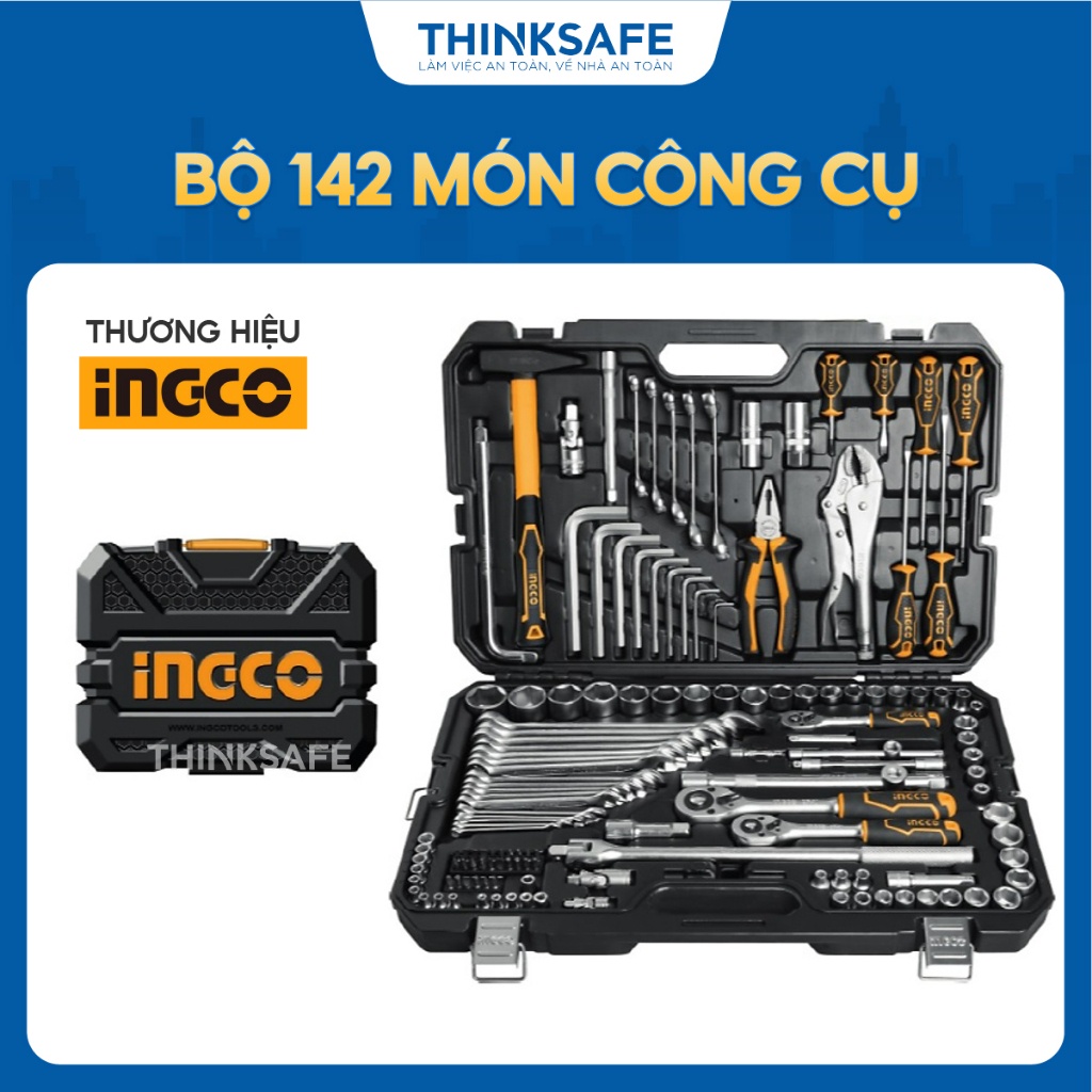 Bộ đồ nghề 142 món công cụ kết hợp INGCO HKTHP21421 bao gồm tay vặn, đầu tuýp 1/2 inch, 1/4 inch và 3/8 inch - Thinksafe