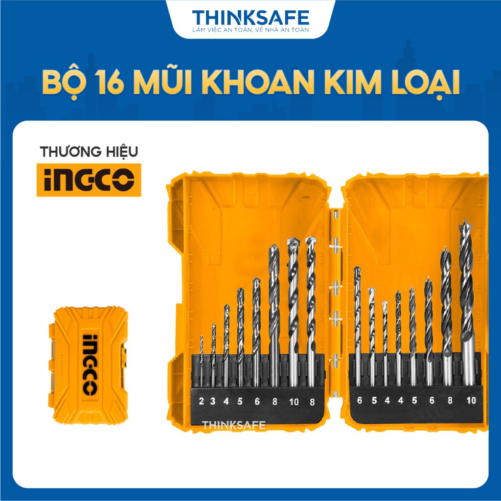 Bộ 16 mũi khoan kim loại, bê tông và gỗ INGCO AKDL11601, kích thước đa dạng, chất lượng cao - Thinksafe