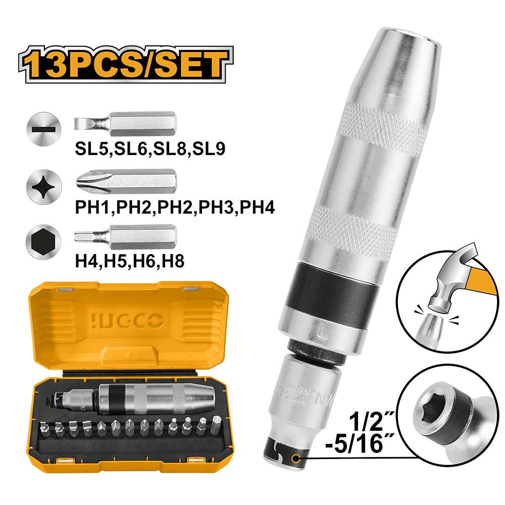 Bộ tua vít đóng 13 chi tiết INGCO HIDS1301 chất liệu thép crv, 13 chi tiết, Xử lý nhiệt, đầu vặn mạ niken - Thinksafe