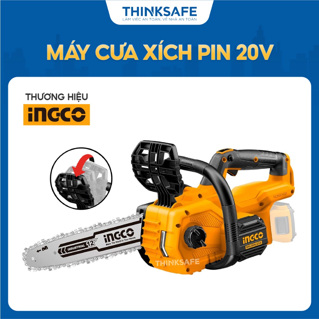Máy cưa xích pin 20V INGCO CGSLI20128 Không chổi than, Công suất tối đa 100W, Chiều dài thanh lam 12