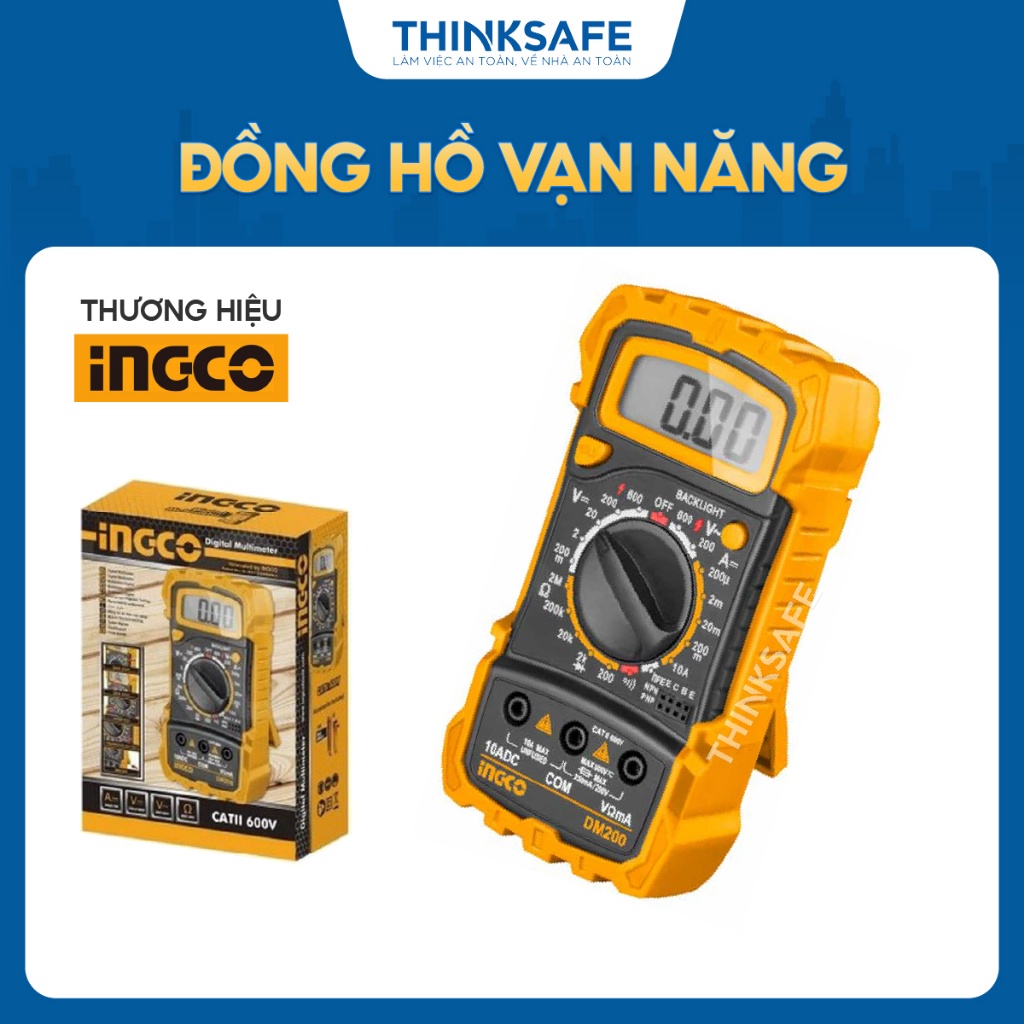 Đồng hồ đo điện vạn năng INGCO DM200, Màn hình LCD 1999 số đếm, Đèn nền - Thinksafe