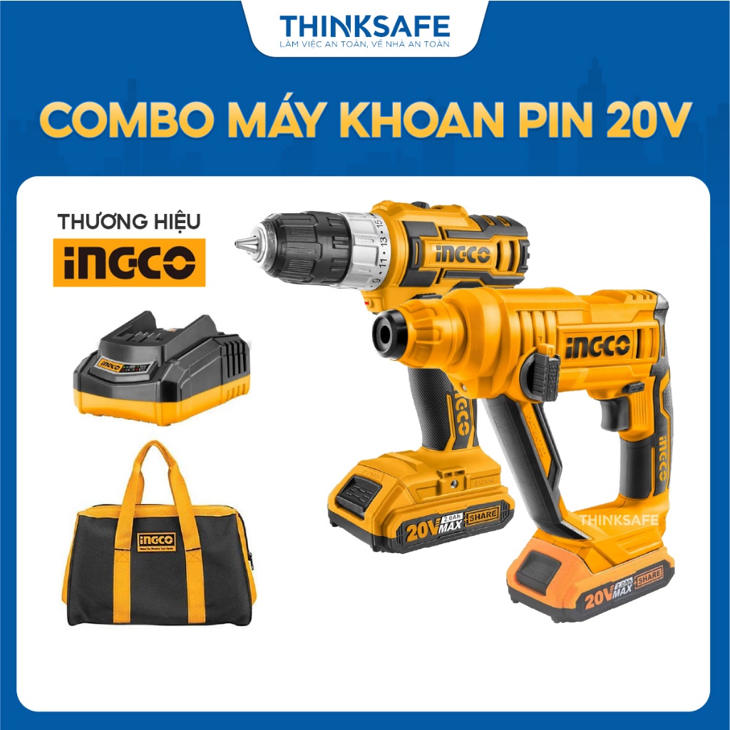 Combo Máy Khoan 10mm và Khoan bê tông dùng Pin 20V INGCO CKLI2008, Không Chổi Than, nhông cơ khí 2 cấp độ - Thinksafe