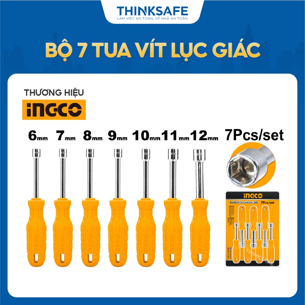 Bộ 7 tua vít lục giác INGCO HKNSD0701 với thiết kế tay cầm mới, kích thước đa dạng từ 6mm đến 12mm và chiều dài 185mm