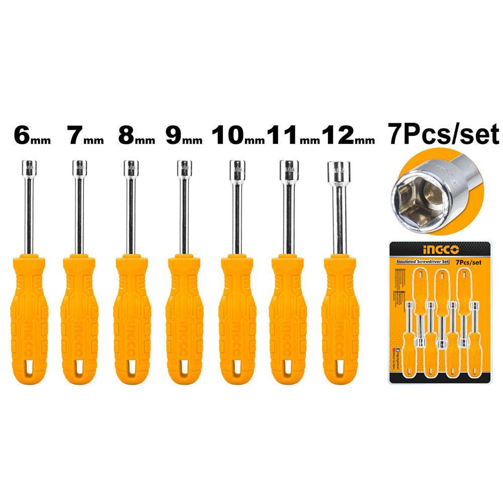 Bộ 7 tua vít lục giác INGCO HKNSD0701 với thiết kế tay cầm mới, kích thước đa dạng từ 6mm đến 12mm và chiều dài 185mm