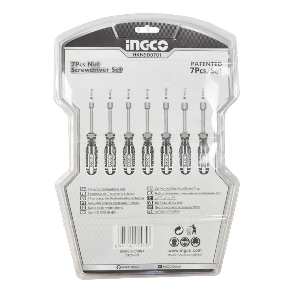 Bộ 7 tua vít lục giác INGCO HKNSD0701 với thiết kế tay cầm mới, kích thước đa dạng từ 6mm đến 12mm và chiều dài 185mm