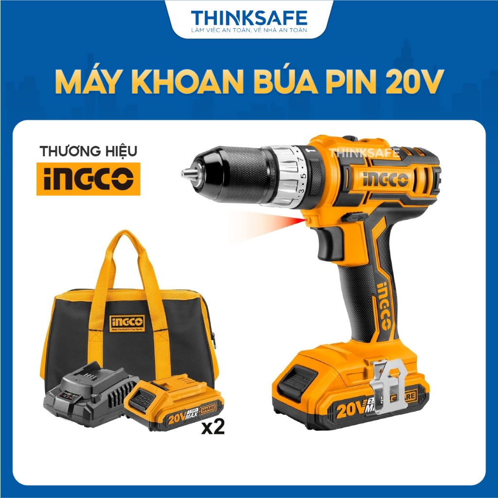 Máy khoan búa pin 20V INGCO CIDLI2002 45NM, đầu cặp 0.85-10mm, khóa tự động, 2 pin 2Ah + sạc, 50 linh kiện - Thinksafe
