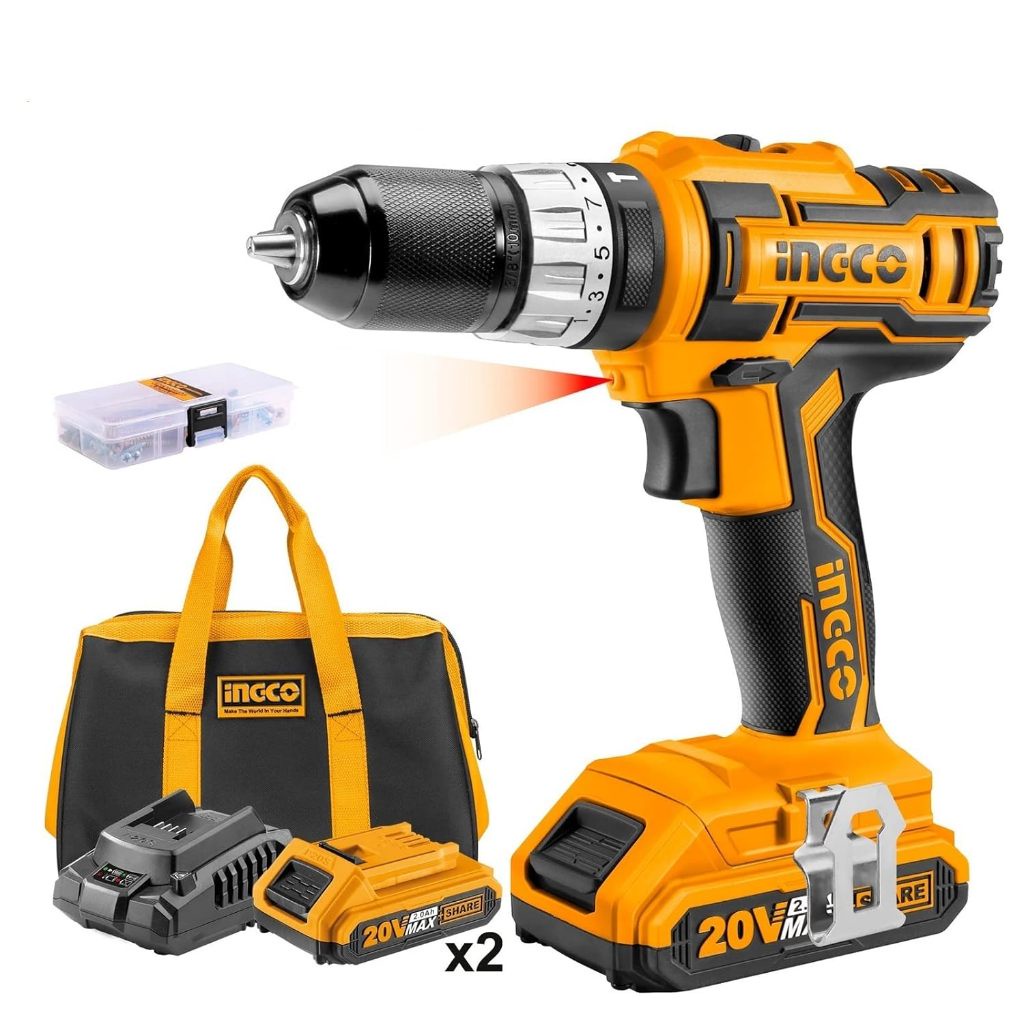 Máy khoan búa pin 20V INGCO CIDLI2002 45NM, đầu cặp 0.85-10mm, khóa tự động, 2 pin 2Ah + sạc, 50 linh kiện - Thinksafe