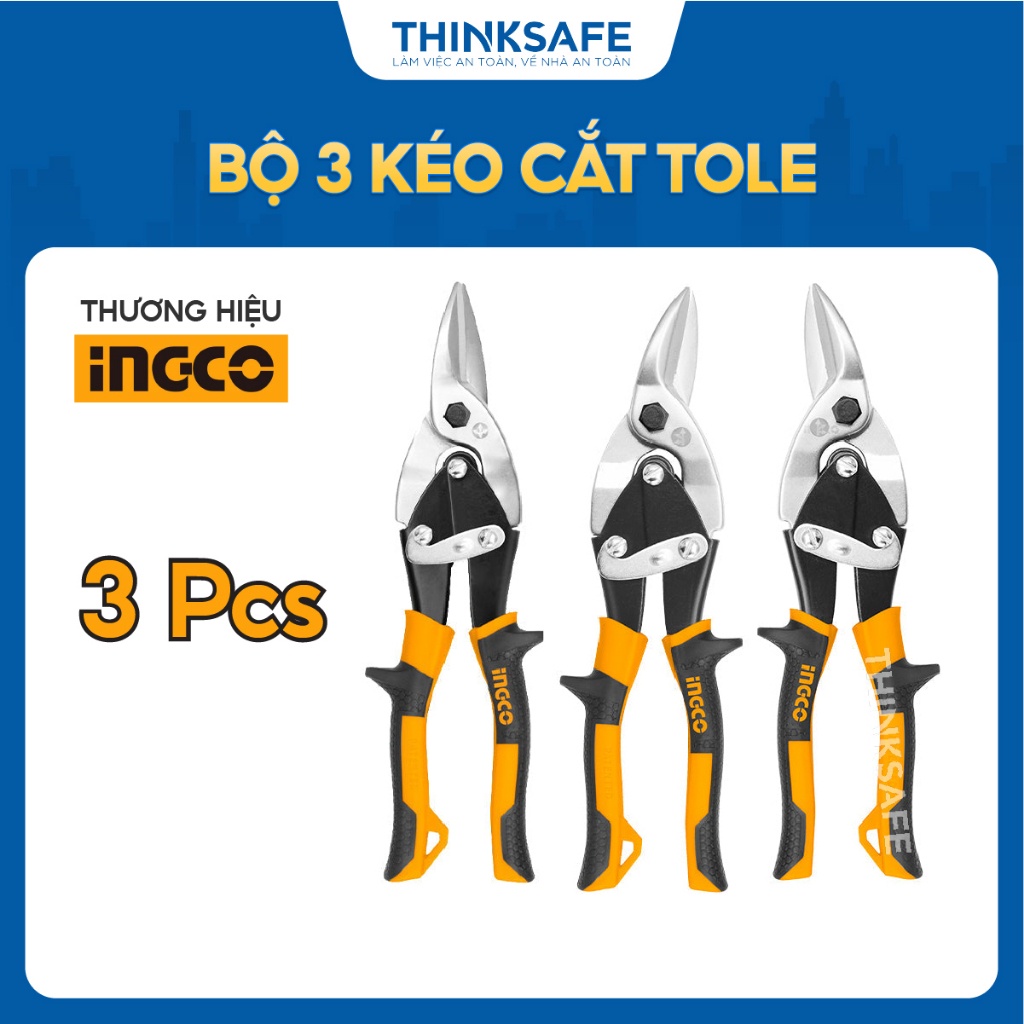 Bộ 3 Kéo Cắt Tole INGCO HTSNK0110, Tay Cầm TOTAL Mềm Hai Màu, Chiều Dài 250mm - Thép Carbon ≤1.2mm, Thép Không Gỉ ≤0.7mm
