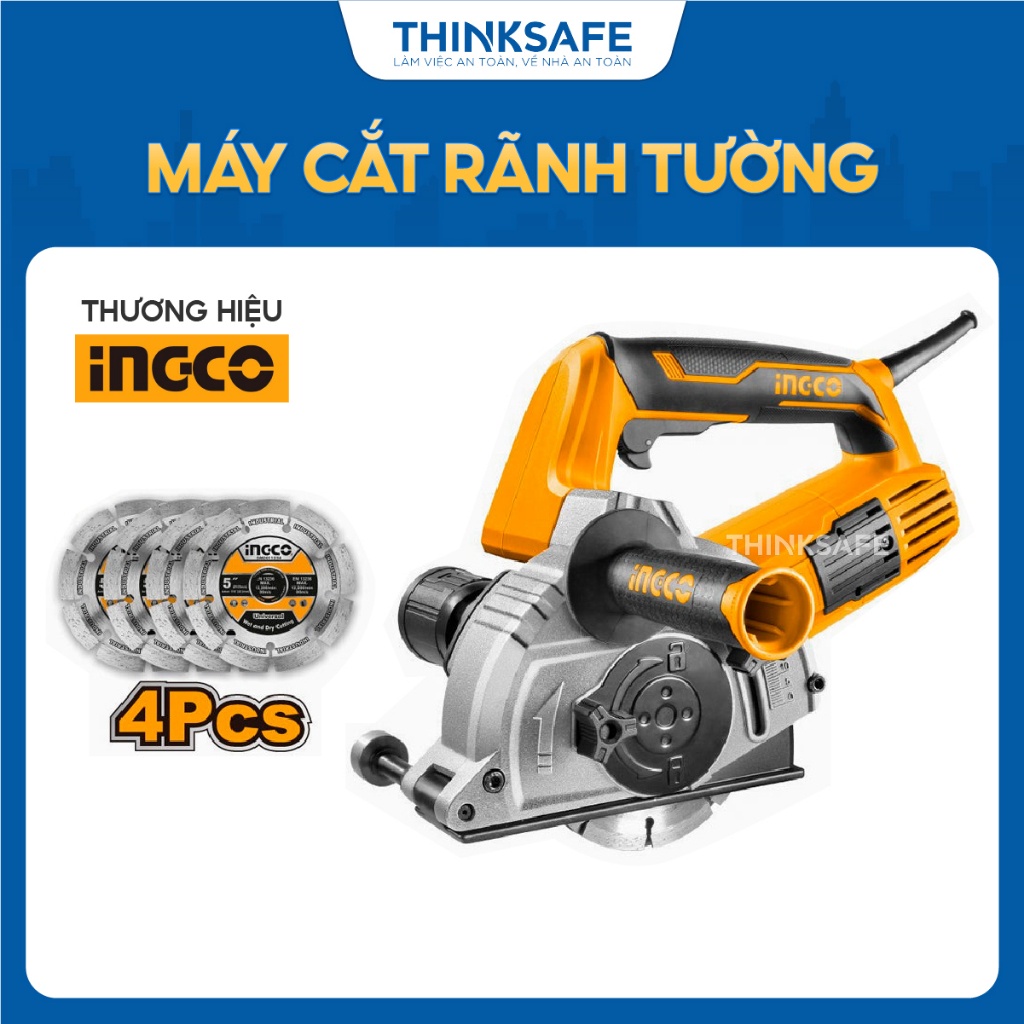 Máy cắt rãnh tường INGCO WLC15008 công suất 1500W, Đĩa cắt 125mm, Trục M14 - Bộ phụ kiện đầy đủ - Thinksafe
