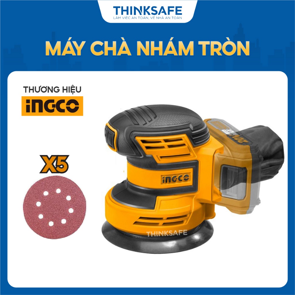 Máy chà nhám tròn 20V INGCO CROSLI2001, đĩa 125mm, kèm theo 5 miếng chà nhám - Thinksafe