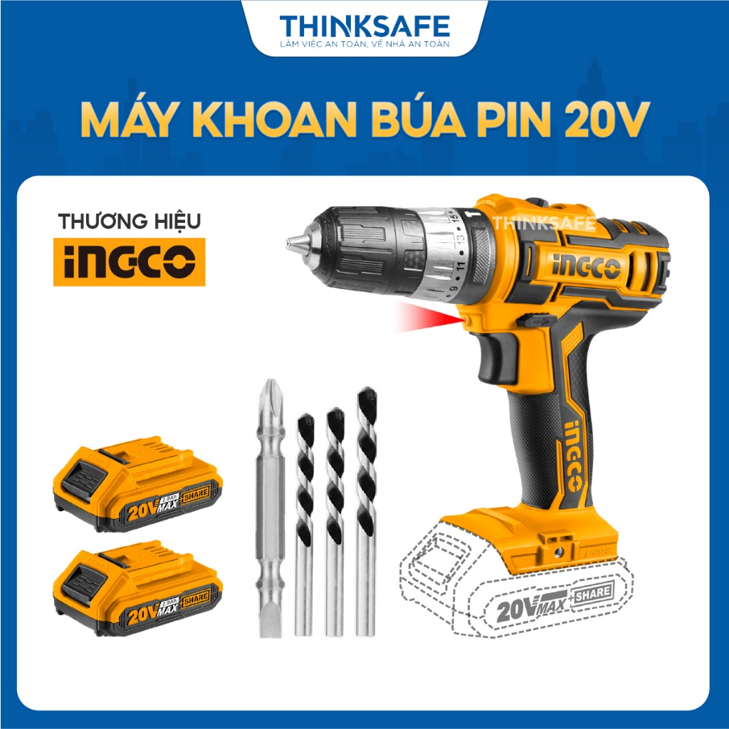 Máy khoan búa dùng pin 20V INGCO CIDLI200215 45NM, Đầu cặp 0.8-10mm, 2 pin 2Ah + 1 sạc, Kèm 4 mũi khoan - Thinksafe