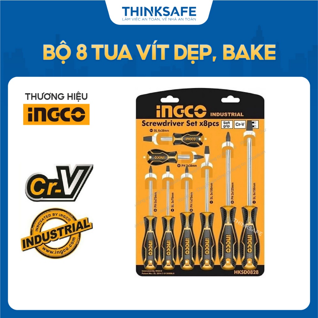 Bộ 8 tua vít INGCO HKSD0828 chất liệu crv, đuôi tròn, kích thước đa dạng gồm tua vít bake và tua vít dẹp - Thinksafe