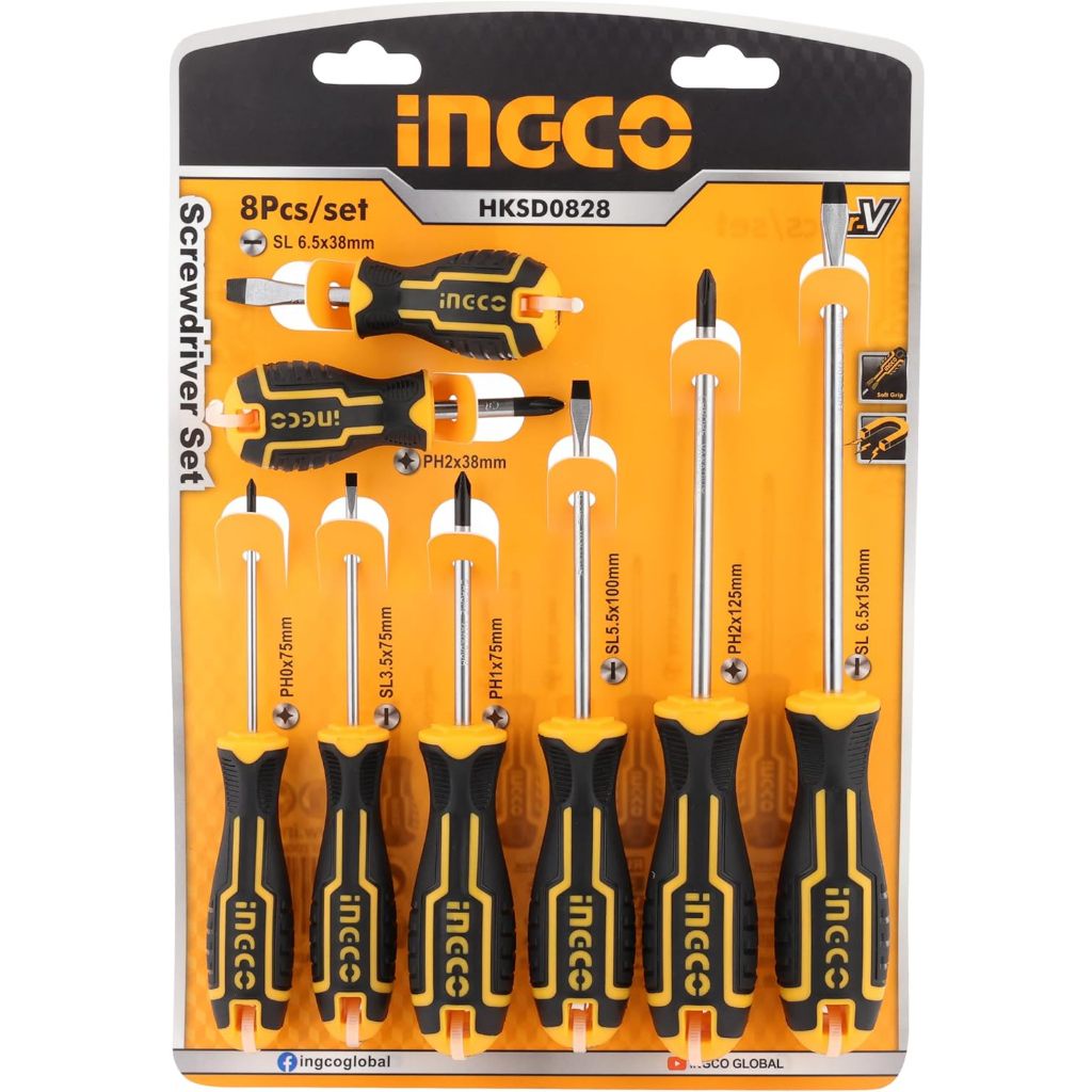 Bộ 8 tua vít INGCO HKSD0828 chất liệu crv, đuôi tròn, kích thước đa dạng gồm tua vít bake và tua vít dẹp - Thinksafe