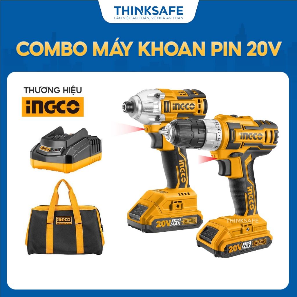 Bộ Combo Máy Khoan 10mm và Siết Vít Pin 20V INGCO CKLI2006, Không Chổi Than, Lực Mô Men Xoắn 170NM, đầu lục giác 1/4inch