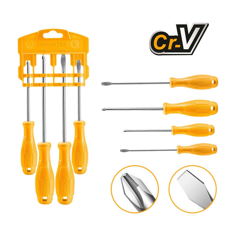 Bộ 4 tua vít INGCO HKSD0458, kiểu dáng mới, tay cầm thép Cr-V gồm tua vít bake ph1, ph2 và dẹp SL5, SL6 -  Thinksafe