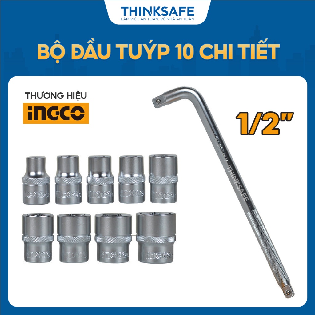Bộ 10 đầu tuýp tay vặn chữ L 1/2 inch INGCO HKTS12101B dài 10-24mm Chất liệu thép CR-V chịu nhiệt và mạ crôm - Thinksafe