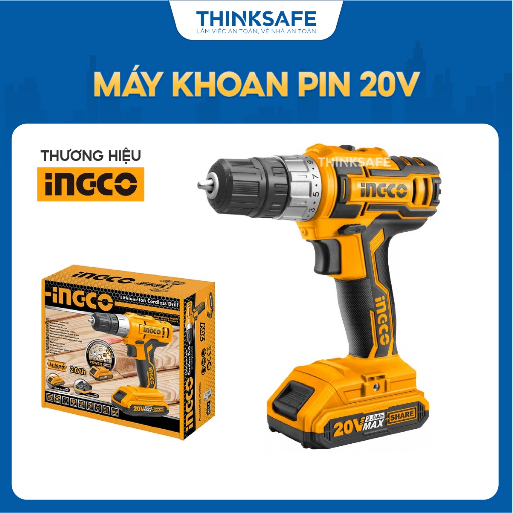 Máy khoan pin 20V INGCO CDLI20024, Tốc độ đa dạng, Khả năng khoan 0.8 đến 10mm, Mô men quay 45nm, kèm pin sạc -Thinksafe