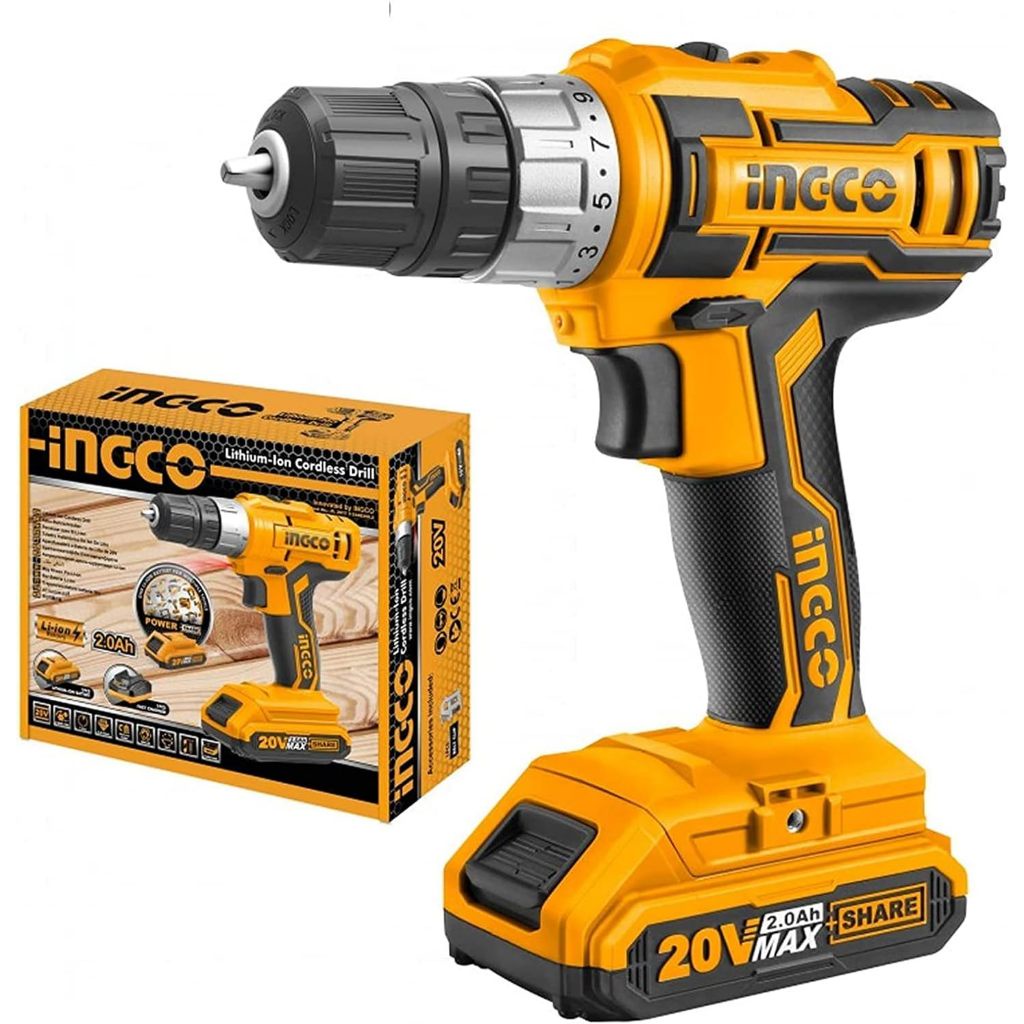 Máy khoan pin 20V INGCO CDLI20024, Tốc độ đa dạng, Khả năng khoan 0.8 đến 10mm, Mô men quay 45nm, kèm pin sạc -Thinksafe