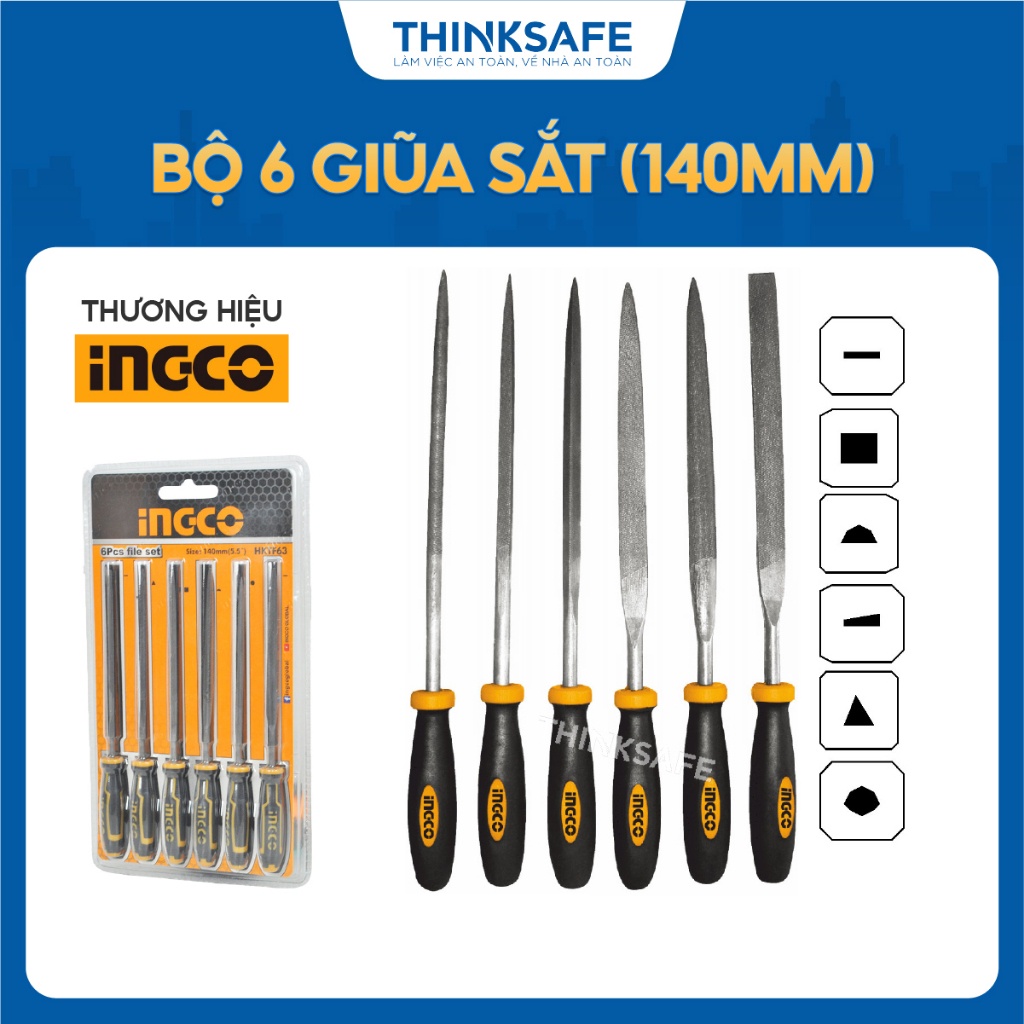 Bộ 6 giũa sắt (140mm) INGCO HKTF63 đường kính: 3mm, gồm giũa dẹp, tròn, bán nguyệt, vuông, tam giác và dao - Thinksafe