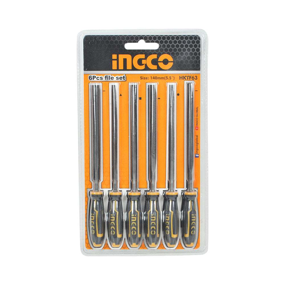 Bộ 6 giũa sắt (140mm) INGCO HKTF63 đường kính: 3mm, gồm giũa dẹp, tròn, bán nguyệt, vuông, tam giác và dao - Thinksafe