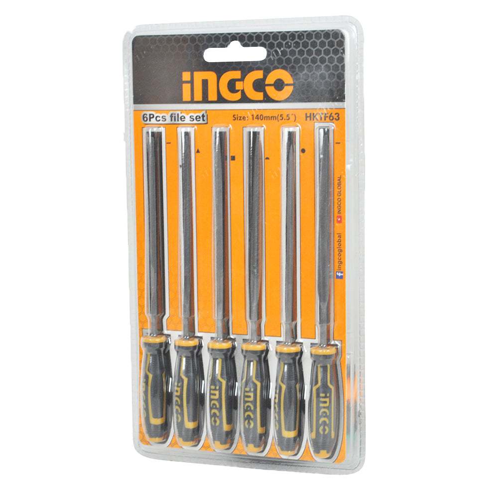 Bộ 6 giũa sắt (140mm) INGCO HKTF63 đường kính: 3mm, gồm giũa dẹp, tròn, bán nguyệt, vuông, tam giác và dao - Thinksafe