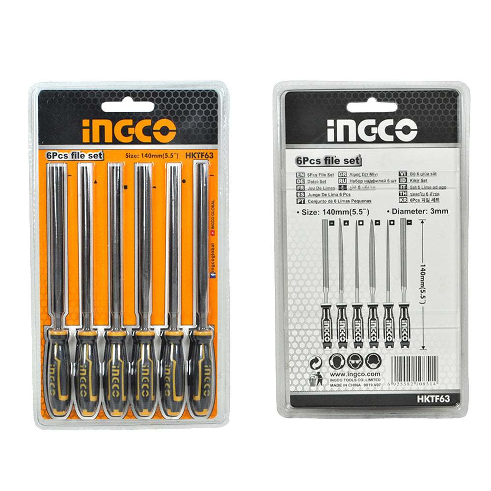 Bộ 6 giũa sắt (140mm) INGCO HKTF63 đường kính: 3mm, gồm giũa dẹp, tròn, bán nguyệt, vuông, tam giác và dao - Thinksafe
